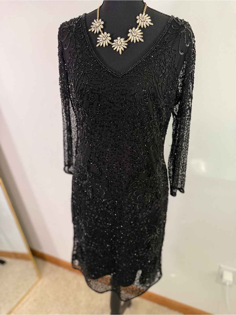 Pisarro Nights Black Beaded Cocktail Dress Size 6 Art Deco Evening Dress